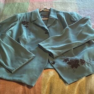Studio I Fitted Teal Blazer with Floral Embroidery